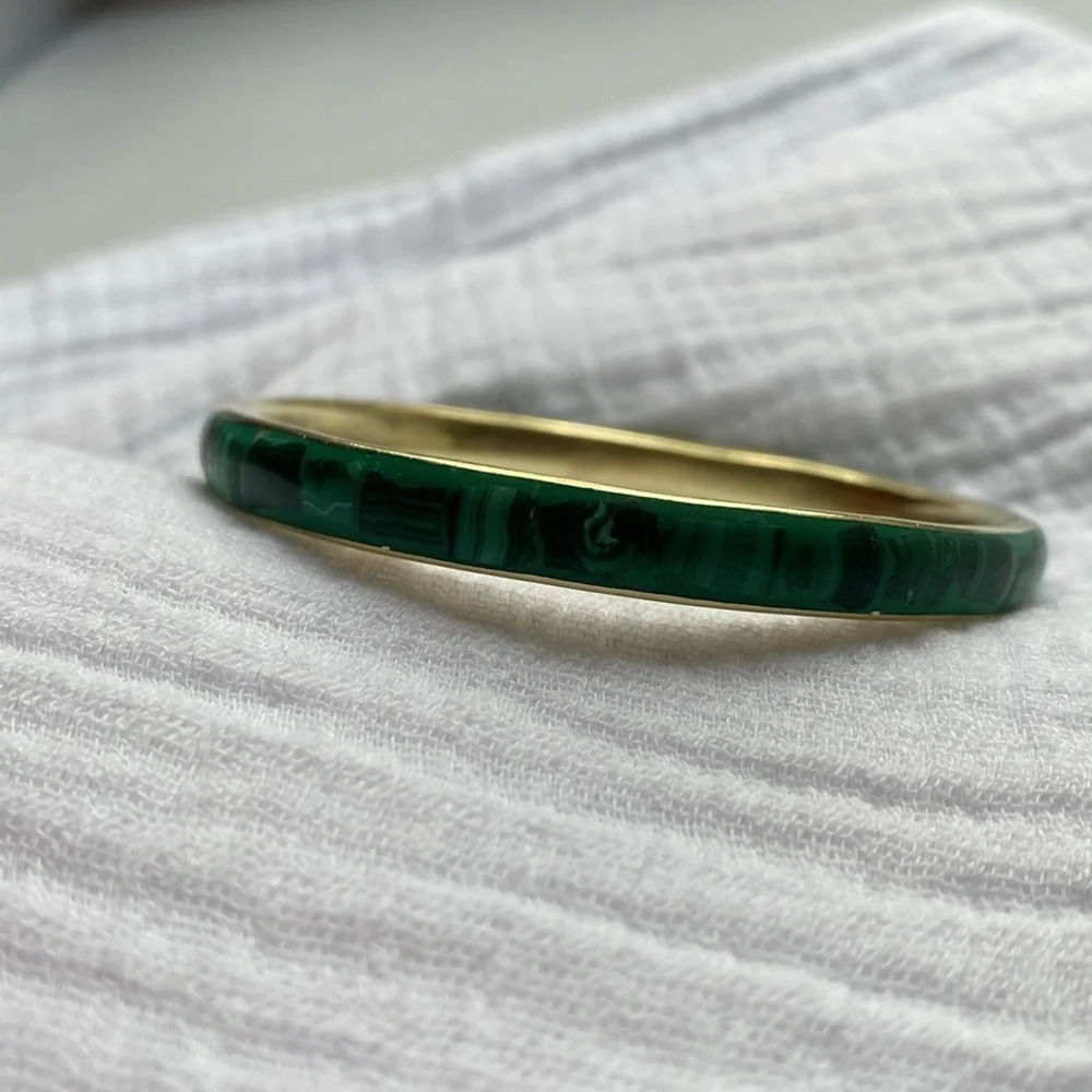 Malachite Brass Bangle Green Vintage Gold‎ Bracelet - Picture 4 of 17